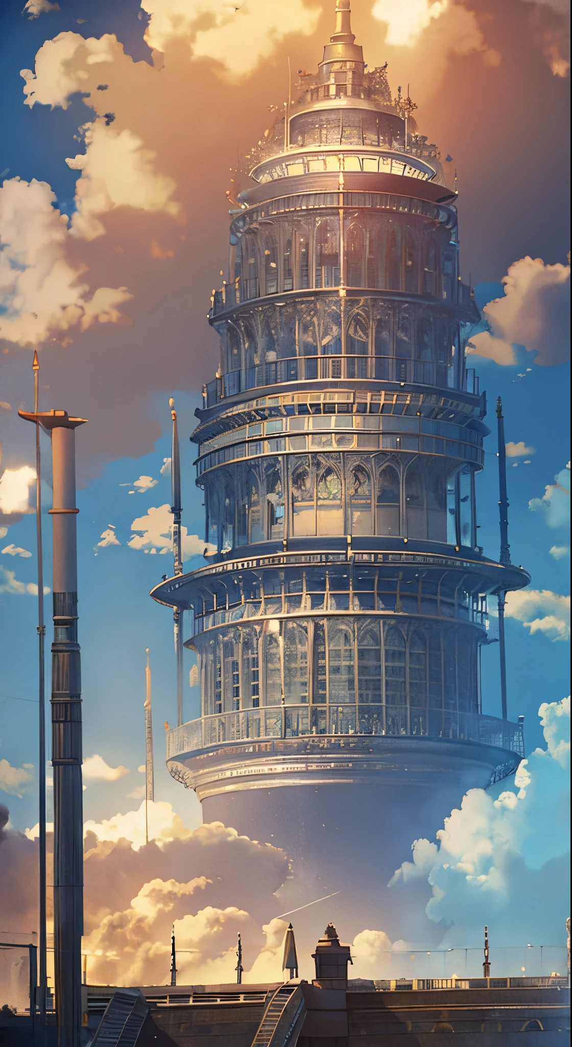 with high definition images，Ultra-detailed、High detail、high quality、8K、Miyazaki style、Steampunk style castle floating in the sky、Clouds and sky、Exudes mystery and technology 。Mirage City。