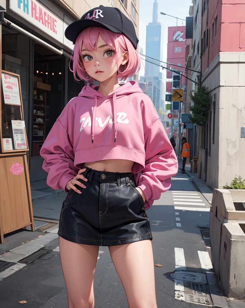 masterpiece,1 girl,alone,(((cutest girl ever)))、short hair,pink hair,Fashionable hoodies,mob cap, street,put your hands on your hips, put one'Hand in hand'pocket of,