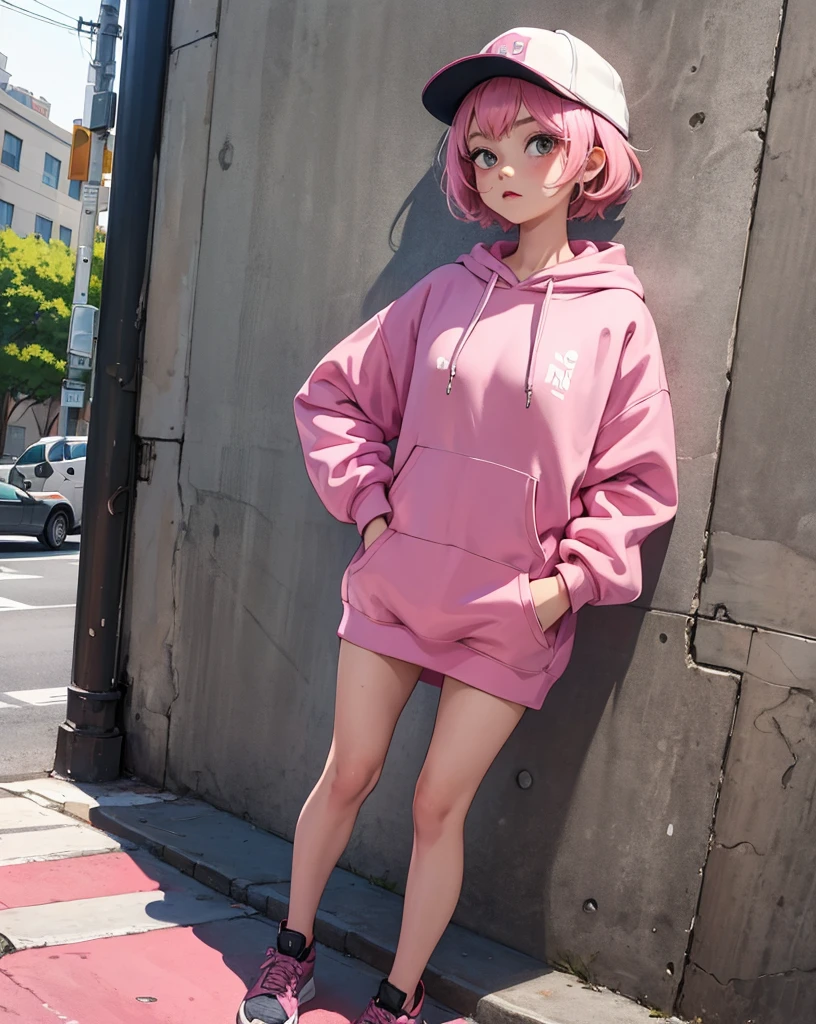 Upper body of a chinese girl, natural lighting, detailed feature, CG, global illumination, random pose, 4k, cinematic, full body, random pose,high quality, best quality, 4k, 8k, single, oversiezed cloth, cloth on, looking at viewer, clear feature, random strawberry logo on the cloth, pink long hair, pink hair, cloth on, hoodie, long white stocking,