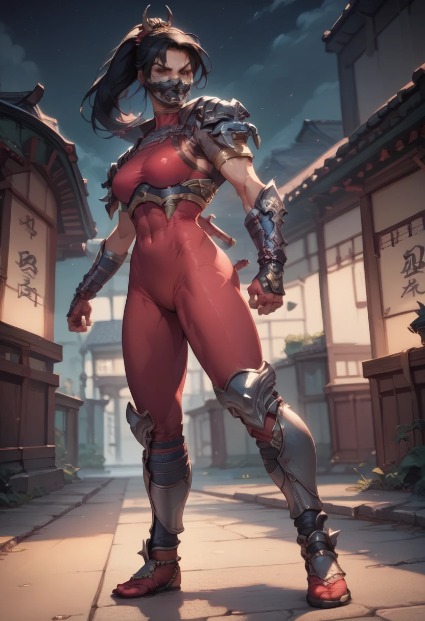 Taki,black hair,brown eyes,ponytail,hair ornament,
red sports bra and spandex shorts,mask,serious,shoulder armor,arm guards,skin tight,
standing,full body,
edo period,night,