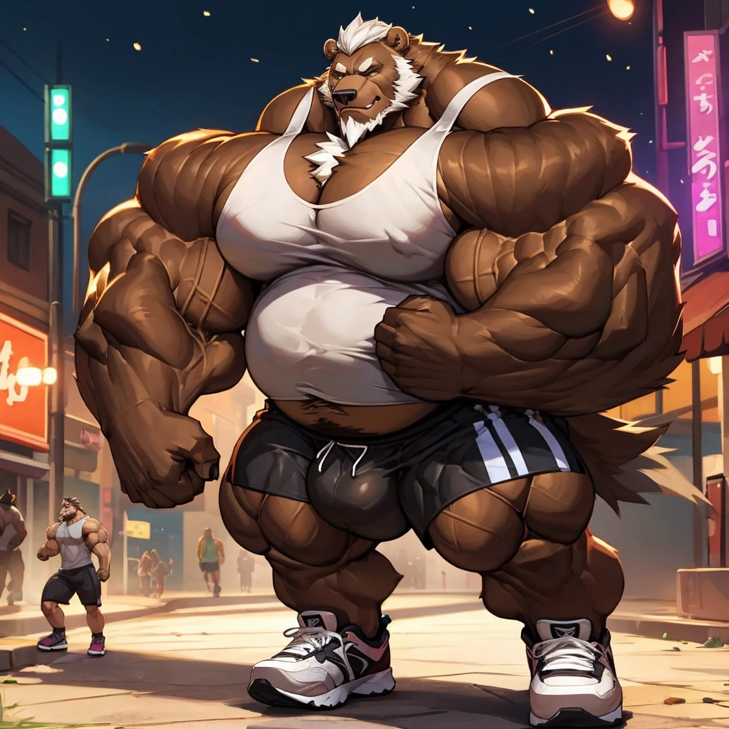 chubby Grizzly Bear in night street city (wearing white gym shorts and white tank top, gym shoes), big balls, hyper muscle, hyper muscular, hyper pecs, hyper pectoral, absurdly muscular, absurdly muscle size, flare lights, bur background, old grizzly bear, thick arm, huge arm, bearded. Thick huge heavy brown fur, White hair and long beard, bearded, muscular, pectoral, wide pectoral, large pectoral, realistic, 8k, masterpiece, cardio