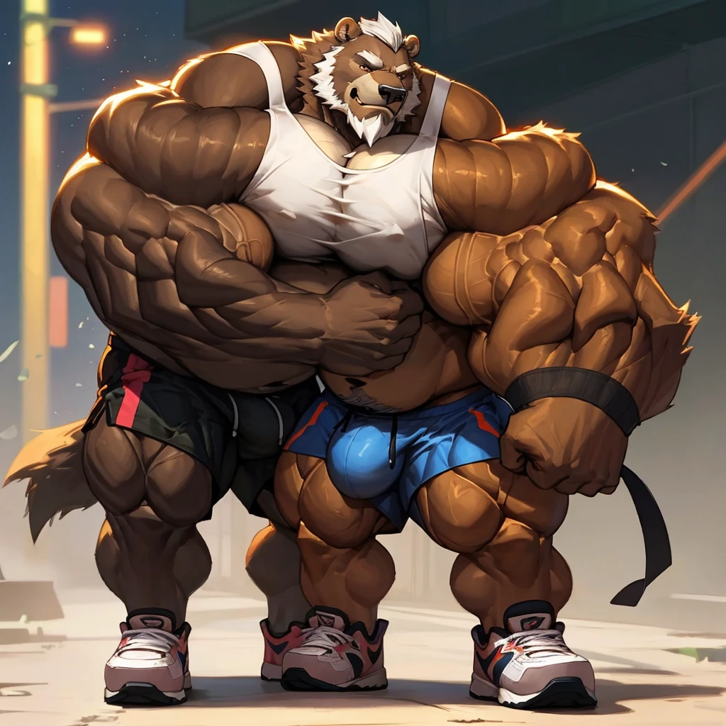 chubby Grizzly Bear in night street city (wearing white gym shorts and white tank top, gym shoes), big balls, hyper muscle, hyper muscular, hyper pecs, hyper pectoral, absurdly muscular, absurdly muscle size, flare lights, bur background, old grizzly bear, thick arm, huge arm, bearded. Thick huge heavy brown fur, White hair and long beard, bearded, muscular, pectoral, wide pectoral, large pectoral, realistic, 8k, masterpiece, cardio