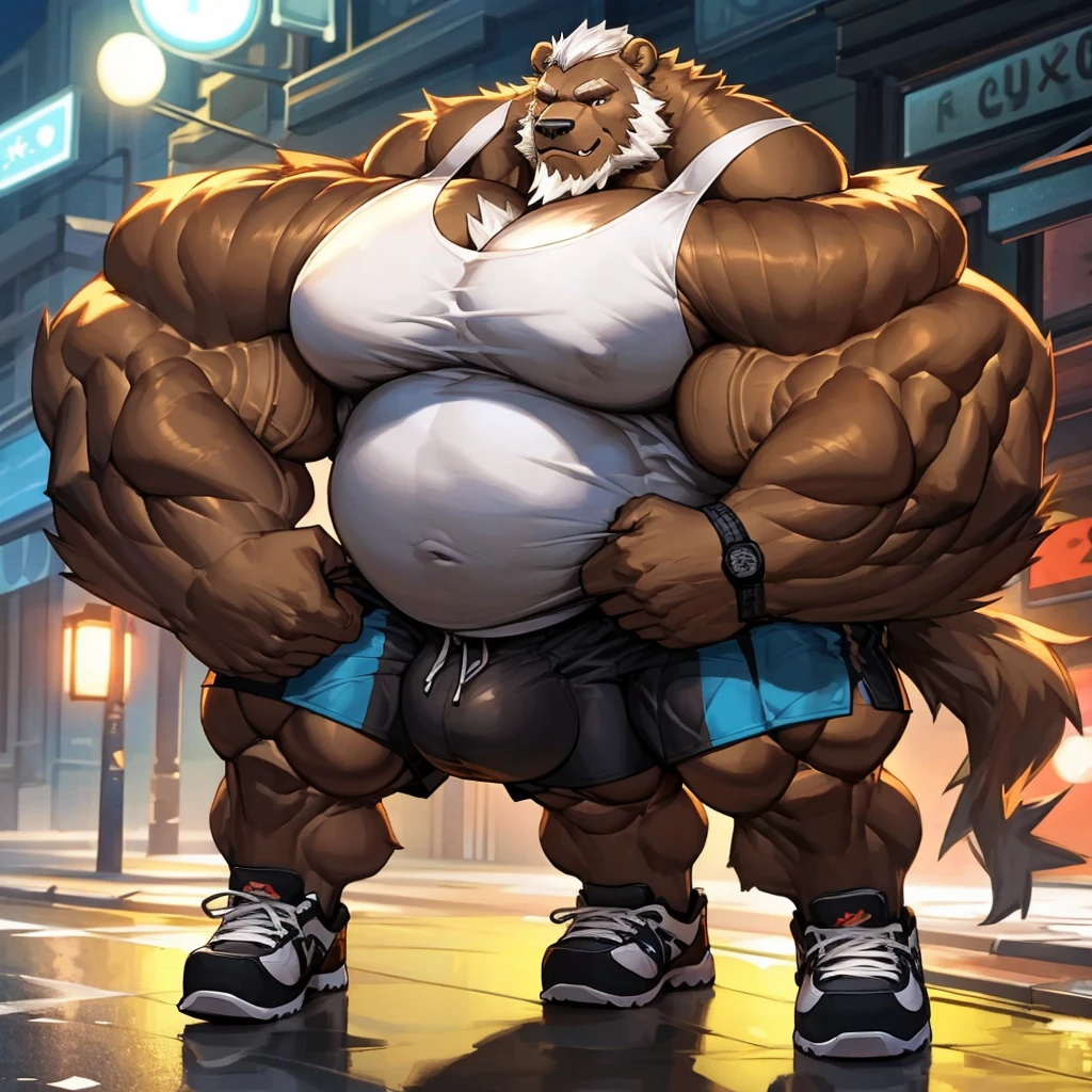 chubby Grizzly Bear in night street city (wearing white gym shorts and white tank top, gym shoes), big balls, hyper muscle, hyper muscular, hyper pecs, hyper pectoral, absurdly muscular, absurdly muscle size, flare lights, bur background, old grizzly bear, thick arm, huge arm, bearded. Thick huge heavy brown fur, White hair and long beard, bearded, muscular, pectoral, wide pectoral, large pectoral, realistic, 8k, masterpiece, cardio