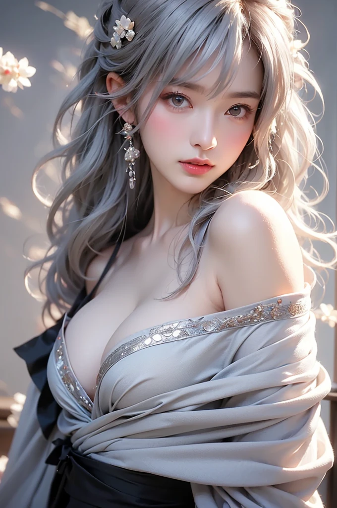 super high quality, masterpiece, Perfect illustration, Very detailed (Exquisite light and shadow, Very dramatic photo,Backlight) , ((Gray Hair:1.5))1 Girl, alone, (Wearing Han clothes, Royalty、Black and white Hanfu,Thick fabric,Long sleeve) Flower Field, Flowers, (White smoke:1.3) (Realistic:1.4), Zen Intertwining, Tangled, Official Art, unity 8k wallpaper, Very detailed, Beautiful and beautiful, masterpiece, Highest quality, (Dynamic Angle: 1.4), Glowing Skin, (Floating colorful flashes: 1) The most beautiful chaotic shapes, elegant, Brutalist Design, Bright colors, Romantic Depth of Field Exotic_dance, half_naked、((Off the shoulder、Medium chest、Beautiful cleavage))