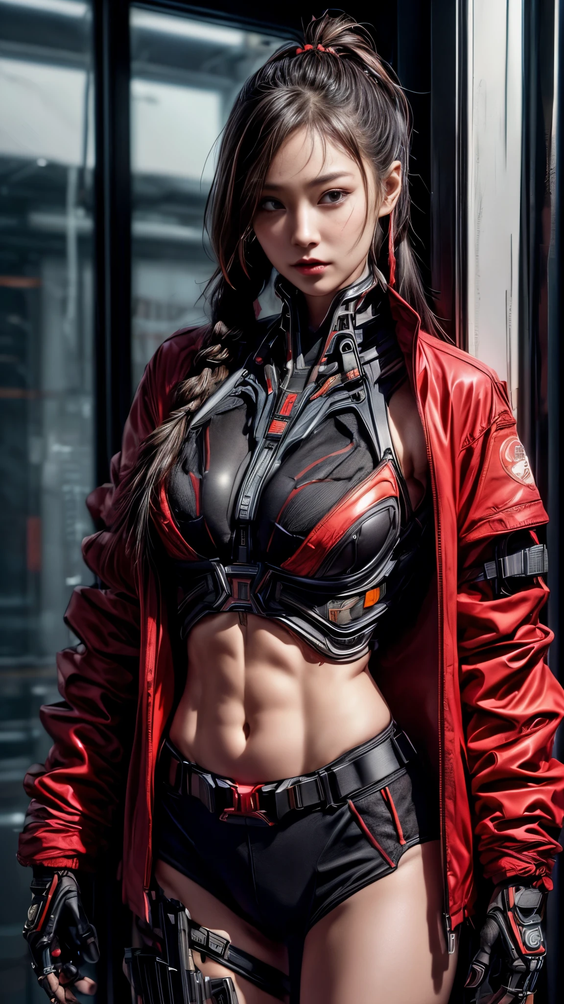 (nsfw:1.2)、Very beautiful woman、Slender women、(Detailed face)、Realistic Skin、((Delicate photo)),(Girl Masterpiece RAW Photo Details:1.25), (Highest quality:1.6), (Ultra-high resolution:1.5), (Realistic:1.75), 8K resolution, Canon EOS R5, 50mm, Absurd, Ultra-detailed,Cinema Lighting、One girl, 白hair,((hime_cut))、Smile、 Window Shades,((Super tight red jacket coat)), Chest Rig, cyber punk, ((Techwear)),I can see your abs、Bra Top、((Big Breasts))、((The abdomen is visible))、(((Ultra-delicate and futuristic design)))、(((Bite)))、((logo))、((Text on clothing))、(((Micro Size Underwear)))、((With the weapons of the future))、((twin braids))