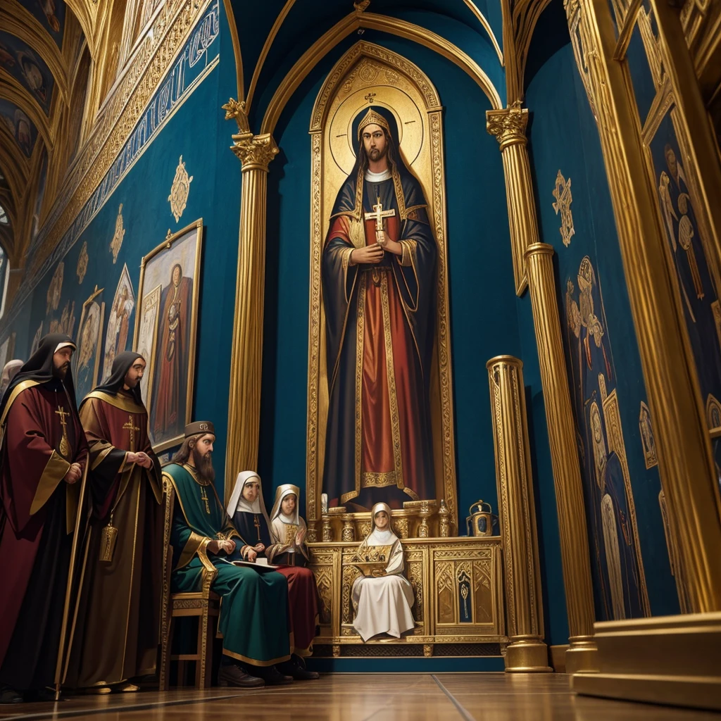 Byzantine image, several Catholic Saints representing in a room, Catholic Byzantine painting