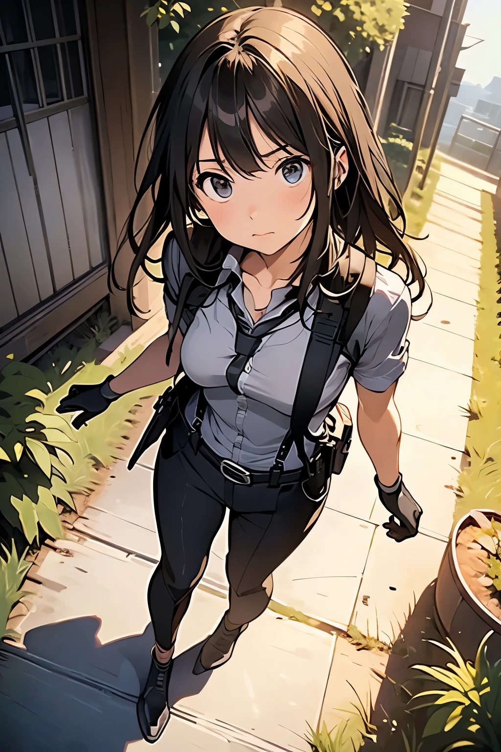 high quality, masterpiece, Ultra-high resolution, (realism: 1.4), Oil painting style, Cinema Lighting, An endless grassland dotted with a few houses, I stood on the empty asphalt road and looked at it., Fairy Mountain々was shrouded in mist, And the suspenders with the cranes flying　　　Moderate breasts　 　 　　　　Small face　 　　　holster　　　　　　　 Lying in bed　Looking up　　　　Sweat 　　　belt　summer　脇Sweat 　Black Hole Gloves　suit　shirt　　Black jacket　 Black trousers　Leg Links　ズボンにbelt　　holster　 　　Hands behind your back　 Anxious expression　Looking up　Anxious face