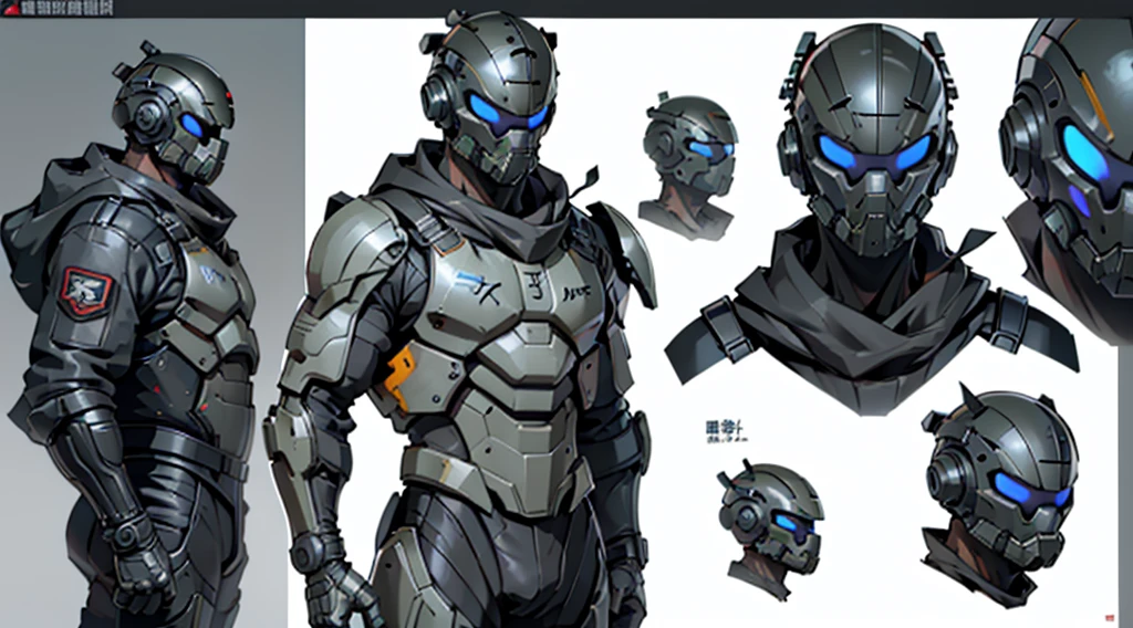 Character design sheet、male、Black combat uniform、Body Armor、Powered Suit、Full Face Mask、cyber punk、round head full face helmet