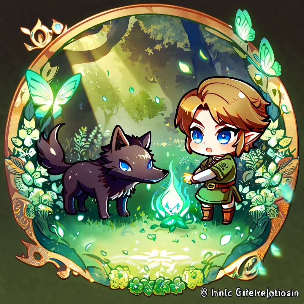 absurdres, highres, ultra detailed, HDR, master piece, best quality, extremely detailed, Link chibi, brown hair, expressive blue eyes, The Legend Of Zelda Twilight Princess, boy hugging a black wolf, cute, small, handsome, green tunic, magical, fantasy, magic, green fire, forest, glittering, green butterflies, green petals, green flowers