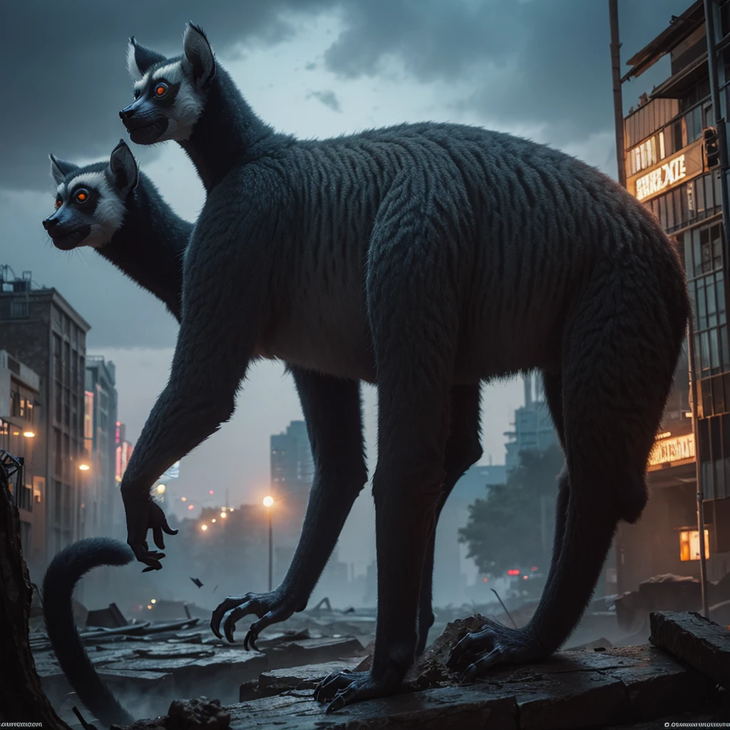 a giant lemur, beautiful and sinister, destroying a city and eating its inhabitants. In the painterly style of Wayne Barlowe 