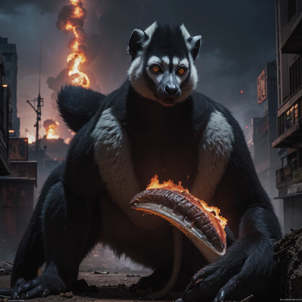 a giant lemur, beautiful and sinister, destroying a city and eating its inhabitants. In the painterly style of Wayne Barlowe