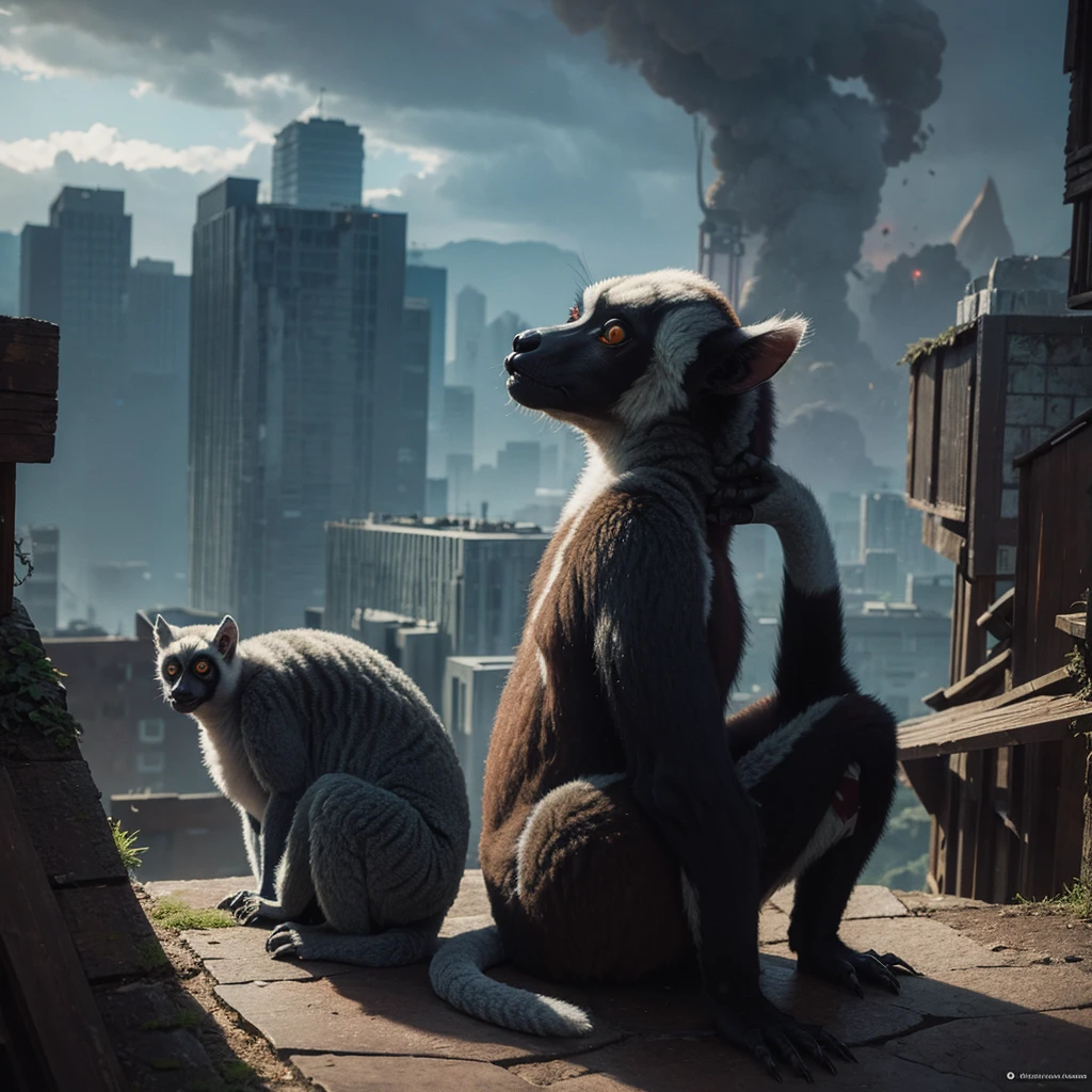 a giant lemur, beautiful and sinister, destroying a city and eating its inhabitants. In the painterly style of Wayne Barlowe