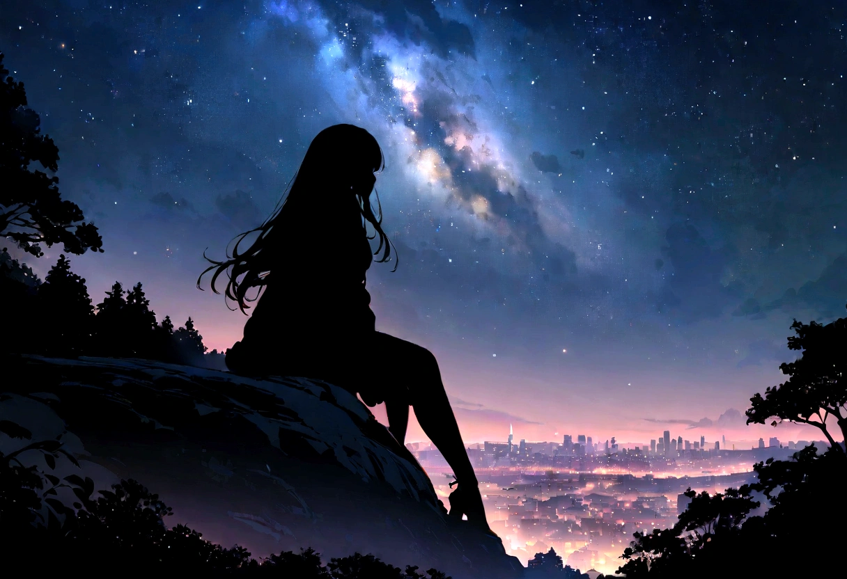 masterpiece, octane, sky, stars (sky), scenery, starry sky, night, one girl, night sky, alone, outdoors, buildings, clouds, milky way, sitting, trees, long hair, city, silhouette, city scape,masterpiece,32k