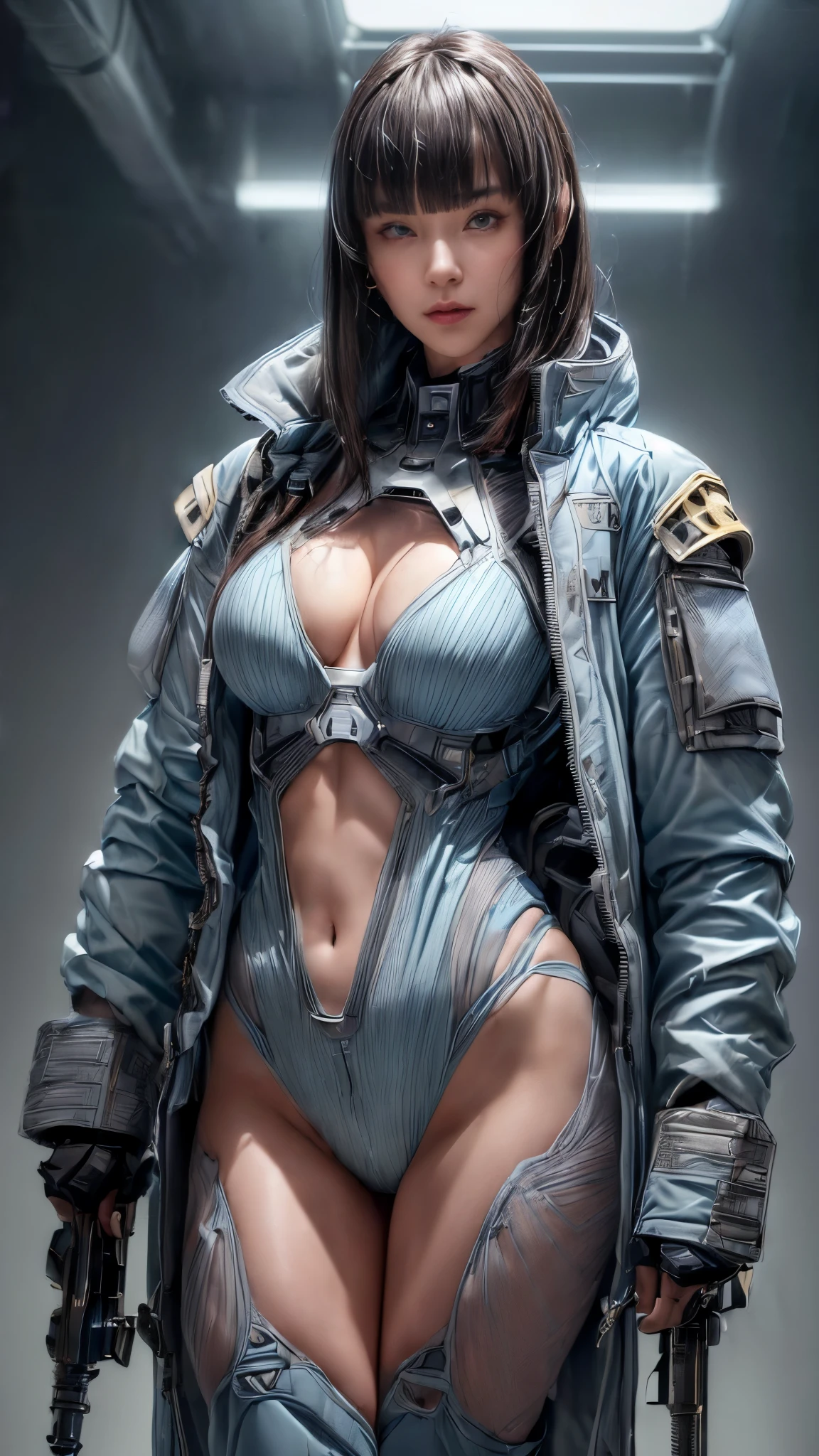 ((((In combat:1.4))))、(Browsing Caution:1.2)、((Too much exposed skin))、Very beautiful woman、Slender women、(Detailed face)、Realistic Skin、((Delicate photo))，(Girl masterpiece RAW photo details:1.25), (Highest quality:1.6), (Ultra-high resolution:1.5), (Realistic:1.75), 8K resolution, Canon EOS R5, 50mm, Absurd, Super detailed,Cinema Lighting、One Girl, 白hair,((princess_cut))、smile、 Window Shades,((Super tight light blue jacket coat)), Chest Rig, cyber punk, ((Techwear)),I can see your abs、Good top、((Big Breasts))、((The abdomen is visible))、(((Very subtle and futuristic design)))、((sexy wedgie))、((logo))、((Characters on clothing))、((With the weapons of the future))、((Posing))、(((blunt bangs)))