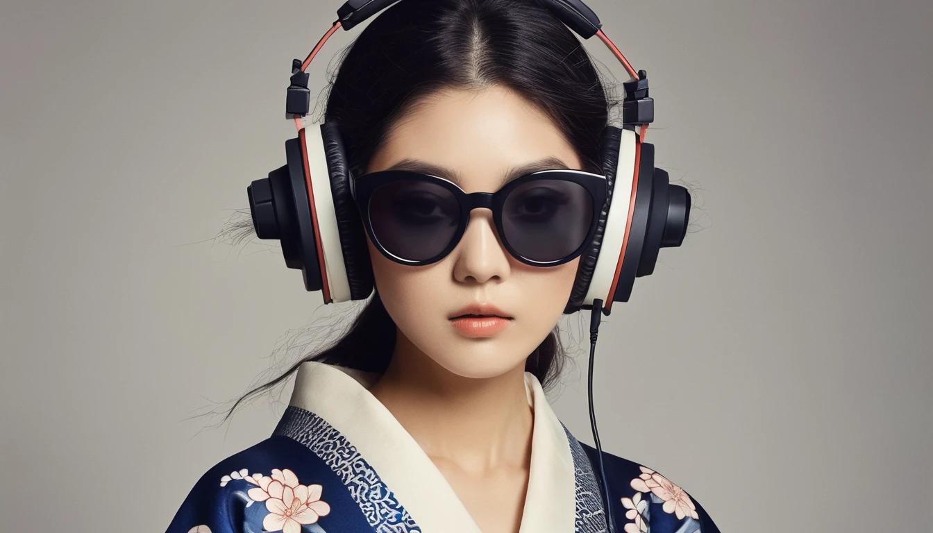 (((Katsushika Hokusai))), ((Japanese)), ((Gorgeous kimono)), Light colored sunglasses, Japanese style headphones, Straighthair, Horror elements