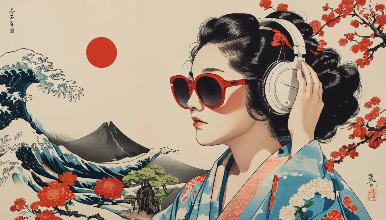 (((Katsushika Hokusai))), ((Japanese)), ((Gorgeous kimono)), Light colored sunglasses, Japanese style headphones, Straighthair, Horror elements