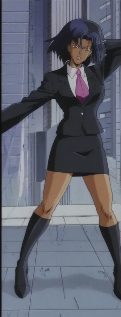 90s style Anime Evil black skinned business woman in a skirt suit