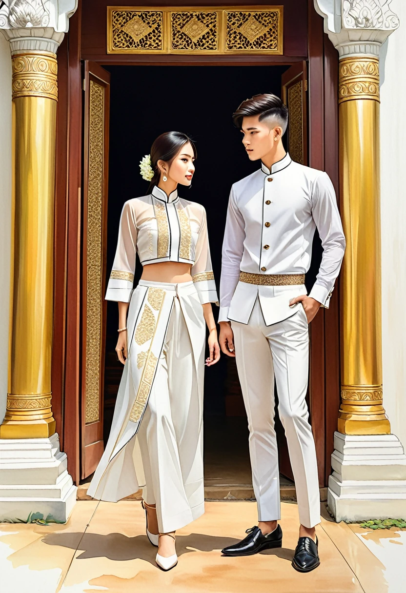 candid fashion illustration of two young man and women, 20-27 year old, adorned in a meticulously crafted North Thai traditional outfits, Lampang, ((showcase fashion Lanna style in white cotton handwoven)), simple elegant style, The man wears a simple long-sleeved white mandarin collar shirt, paired with white Tailor pants, and oxford shoes, The woman complements him with white tubular skirt or Sarong, ankle-length with simple minimal patterns, fitted intricately decorated blouse that complements the skirt, Captured in a low angle, ((full-body image)), ((imperfect Thai temple water color background)), sketching, realistic drawing, imperfect water color drawing, fashion look book, fashion illustrator, sketch design,