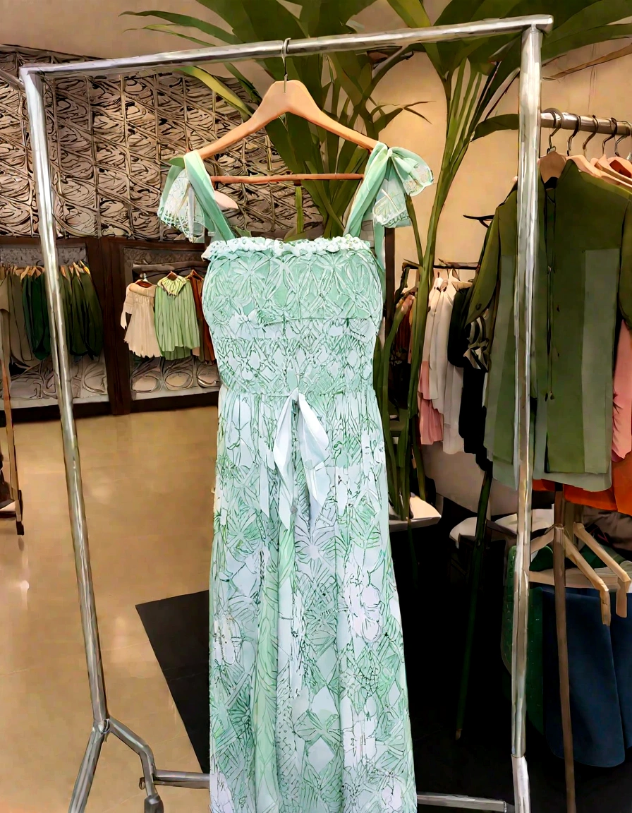 há um ful dressed pendurado em um cabide em uma loja de roupas, ful dressed de videira, green and white, 🤬 🤮 💕 🎀, sea - green and white clothes, 😭 🤮 💕 🎀, ful dressed verde, ful dressed de verão, !!comely!!, ful dressed, ful dressed feito de folhas verdes, ful dressed de flores, ful dressed de verão fofo, green clothing, also very detailed