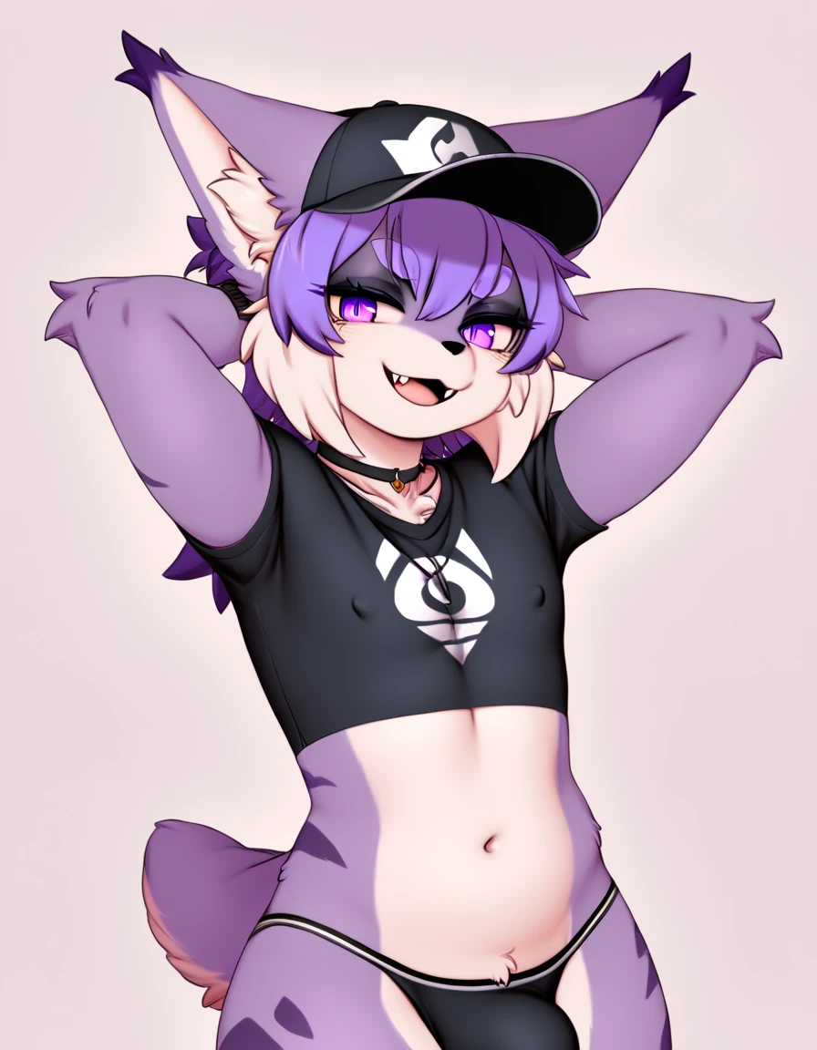 score_9,score_8_up,score_7_up,score_6_up,score_5_up,score_4_up, Lynx, purple fur, purple eyes, anthro, blue hair, purple hair, long hair, eyeliner, eyelashes, black eyeshadow, furry art, cheeks tuft, shoulder tuft, male focus, femboy, fingerless gloves, cute fangs, kemono, shota, fluffy neck, icon portrait, claws, black nails, navel, showing teeth, covered nipples, (by nextel), 3d, blender software, crop top, cap, thong, bulge, erect penis underclothes, medium hair, necklace, 5 fingers, tight clothing, slut written on clothes, arms behind head, black clothes,