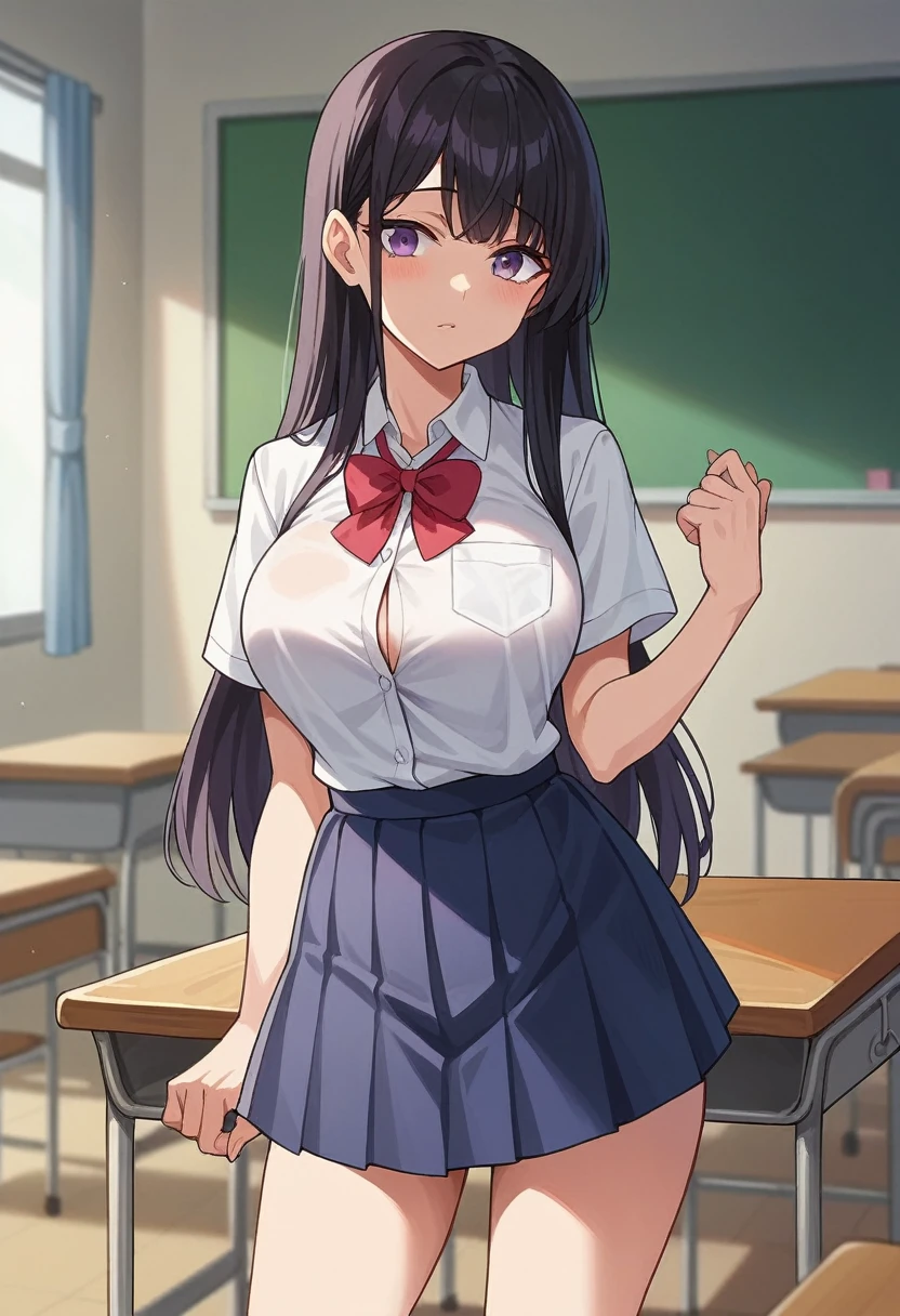 score_9, score_8_up, score_7_up, score_6_up, score_5_up, score_4_up, BREAK source_anime, anime screencap, 1girl, black hair, purple eyes, long hair, bangs, big breasts, standing, student, , in school, shirts, skirt