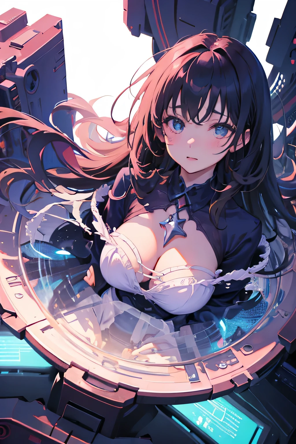 (anime),(cute)(masterpiece), (Highest quality),One girl,Upper Body,(Double exposure:1.2),(Simple Background:1), (Movie angle),(Dynamic Angle),Disheveled long hair,(Low contrast),(Flat Color:0.7)