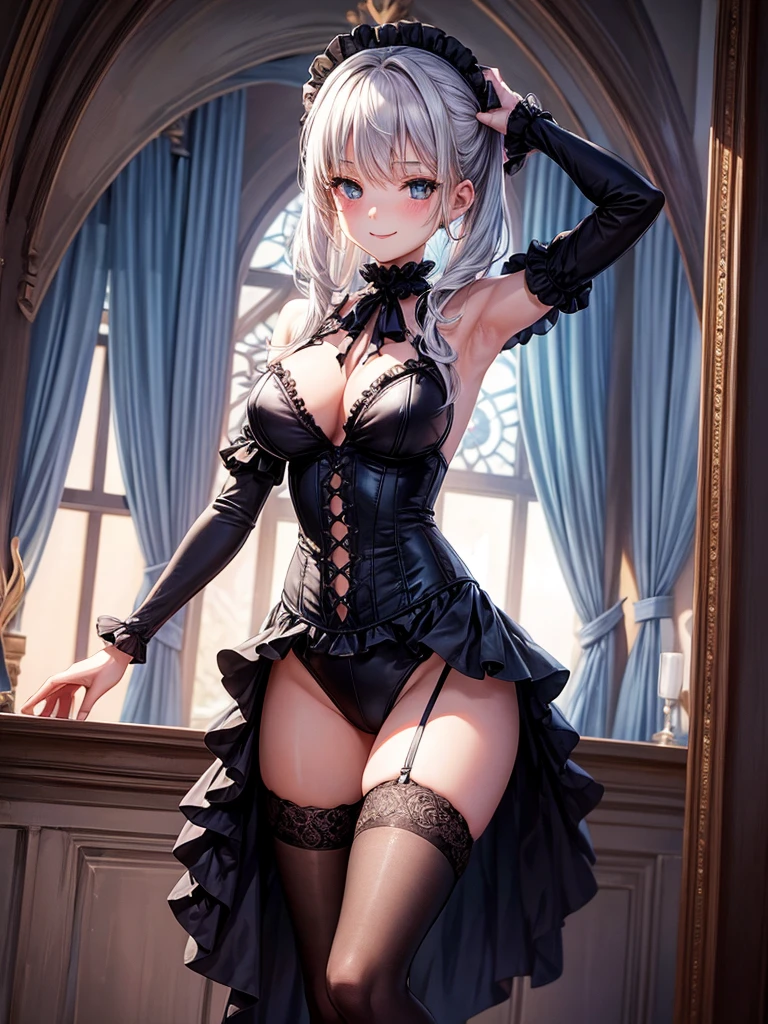 Highest quality,Highest Resolution,Beautiful girl with a smile in a gothic leotard,High leg,Frills,Very beautiful eyes,Standing posture,whole body,front,Place your hands behind your head.,Bedroom,Night view outside the window,Knee-high stockings,