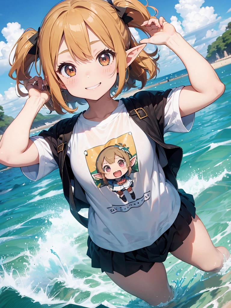 (chibi-style), in the sea, an cute elf girl, over large size t-shirts, smile