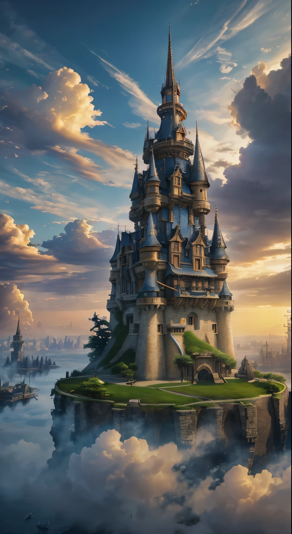 with high definition images，Ultra-detailed、High detail、high quality、8K、Miyazaki style、Steampunk style castle floating in the sky、Clouds and sky、Exudes mystery and technology 。Mirage City。