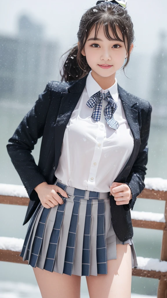 ((smile))、Confused、RAW Photos、(((The ultimate portrait masterpiece)))、((The cutest girl in the world:1.4))、1 Girl、12 years old、Japanese、Cute face、((Silky Hair))、(A high ponytail tied with a ribbon:1.4)、((Super huge breasts:1.4))、((Eyes that shine like jewels))、Glowing Skin、(young woman;Consisting of a transparent white shirt, Thin ribbon, blazer, Checkered Pleated Skirt.:1.5)、Winter clothes、(Uniforms made from high quality fabrics:1.4)、Ultra-detailed uniforms、(She shyly pulls up her skirt:1.3)、(Elegant lace panties are visible.:1.3)、((Crotch from the front))、Skirt fluttering in the wind、eyeliner、Beautiful Bangs、Hair between the eyes、((solve、High resolution))、Detailed Background、8 QHD、Digital SLR、Soft Light、high solve、Film Grain、Fujifilm XT3、Shallow depth of field、Natural Soft Light、Tight waist,(sometimes upskirt:10%),(Nipples pumping:50% or pussy line pumping:20%),(Get wet from heavy snow:50% or get wet in heavy rain:50%)