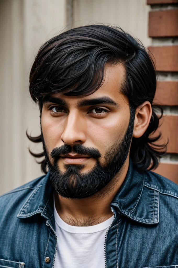 30 year old man with black beard without mustache, black hair oval face pronounced nose with casual clothes, high resolution photo