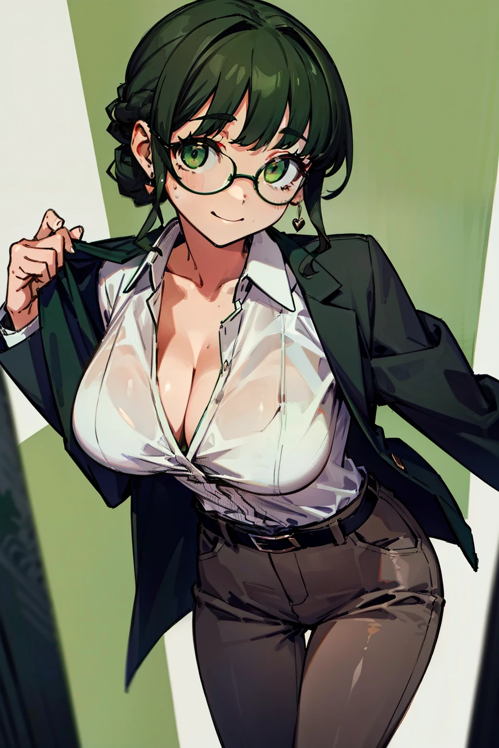  (Masterpiece), Best Quality, ultra-detailed, perfect hands, perfect legs, 1girl (anosillus II, Slender and sexy body, Big and pretty breasts, naked body, ,  dark green hair, green eyes, spectacles),smile,  , facing viewer, looking at viewer, ,  solo, black  jacket,  white  shirts, cleavage, brown  pants,  in the office,  standing,  Sexy waist teasing 