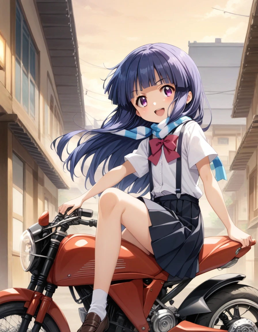 score_9, score_8_up, score_7_up, score_6_up, source_anime,,,,1girl, solo, furude rika, (tween:1), kawaii, blue hair, purple eyes, long hair, blunt bangs, bangs, bow, skirt, shirt, suspenders, smile, short sleeves, pleated skirt, white shirt, open mouth, red bow, ^_^, suspender skirt, , black skirt, collared shirt, blush, bowtie, blunt bangs, dress shirtt, , anime screencap, anime coloring.serious,(a girl riding a motorcycle at full speed:1.3),(from side),(only one leg is visible:1.3),(wearing warm scarf on neck:1.2),(looking aside:1.2),(serious expression:1.1)