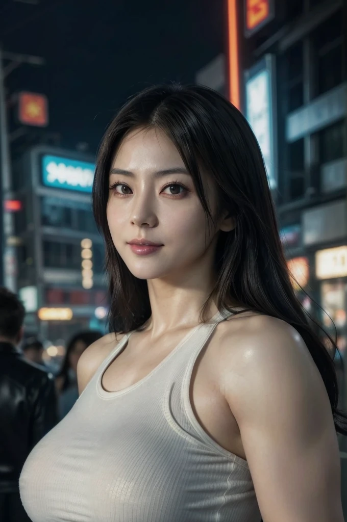 (cyberpunk world war 3), (masterpiece, highest quality, Realistic, High resolution, photograph, :1.3), Sharp focus, 1 beautiful Japanese mature Lady, perfect beautiful face, gentle smile, beautiful detailed eyes, long hair, curvy body, Abs, muscle, cyberpunk tight dress, standing pose, in the cyberpunk street, night, neon light, ((whole body shot)),