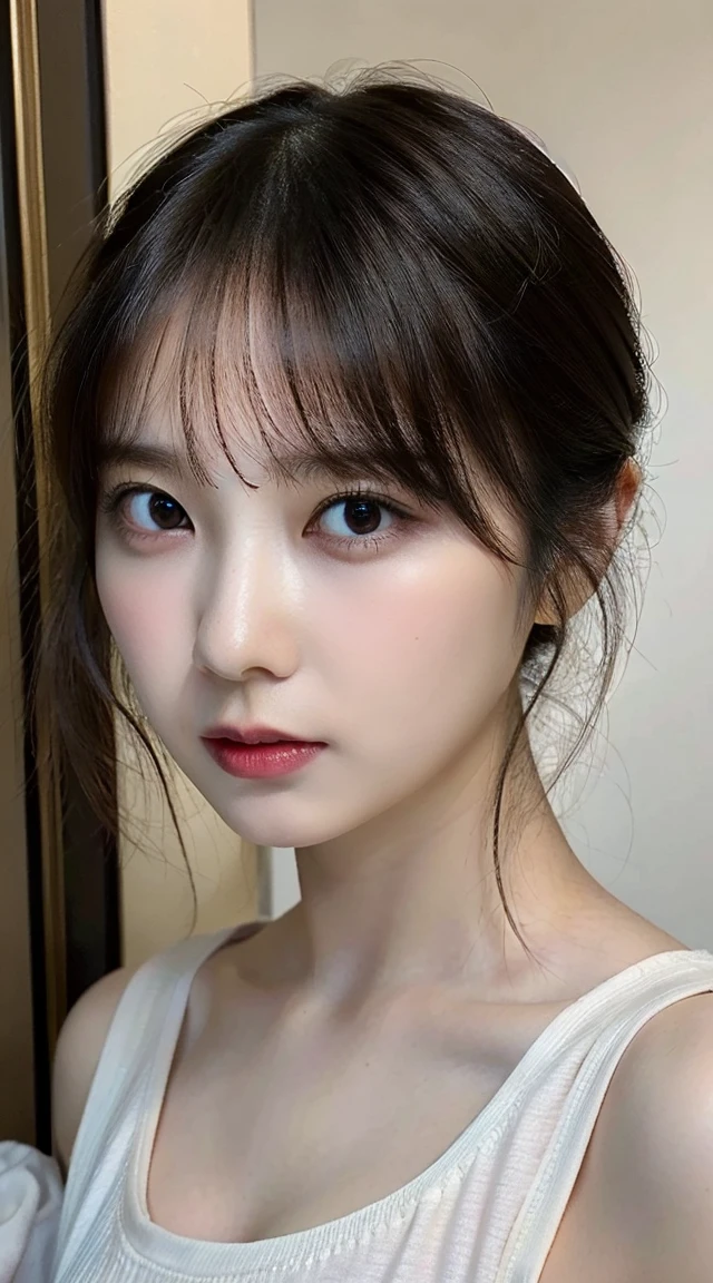 (Highest quality、、32k、masterpiece、Best Quality、Realistic))、Black Hair、Short bangedium Hair、Small breasts、(Selfie、See-through:1.3)