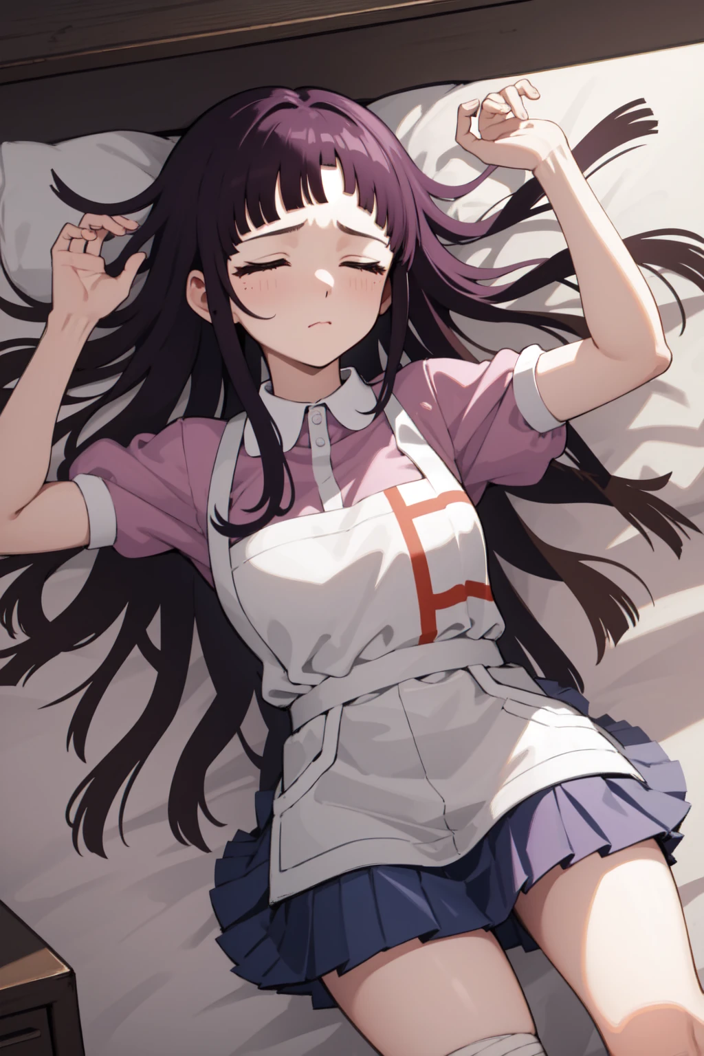 masterpiece, best quality, highres, large breasts, tmikan, purple hair, (brown eyes:1.2), long hair, messy hair, bandaged arm, bandaged leg, bandaid on knee, pink shirt, puffy short sleeves, white apron, pleated skirt, indoors, closed eyes, closed mouth, lying, on back, bed, arms up, masterpiece, highres, morning,