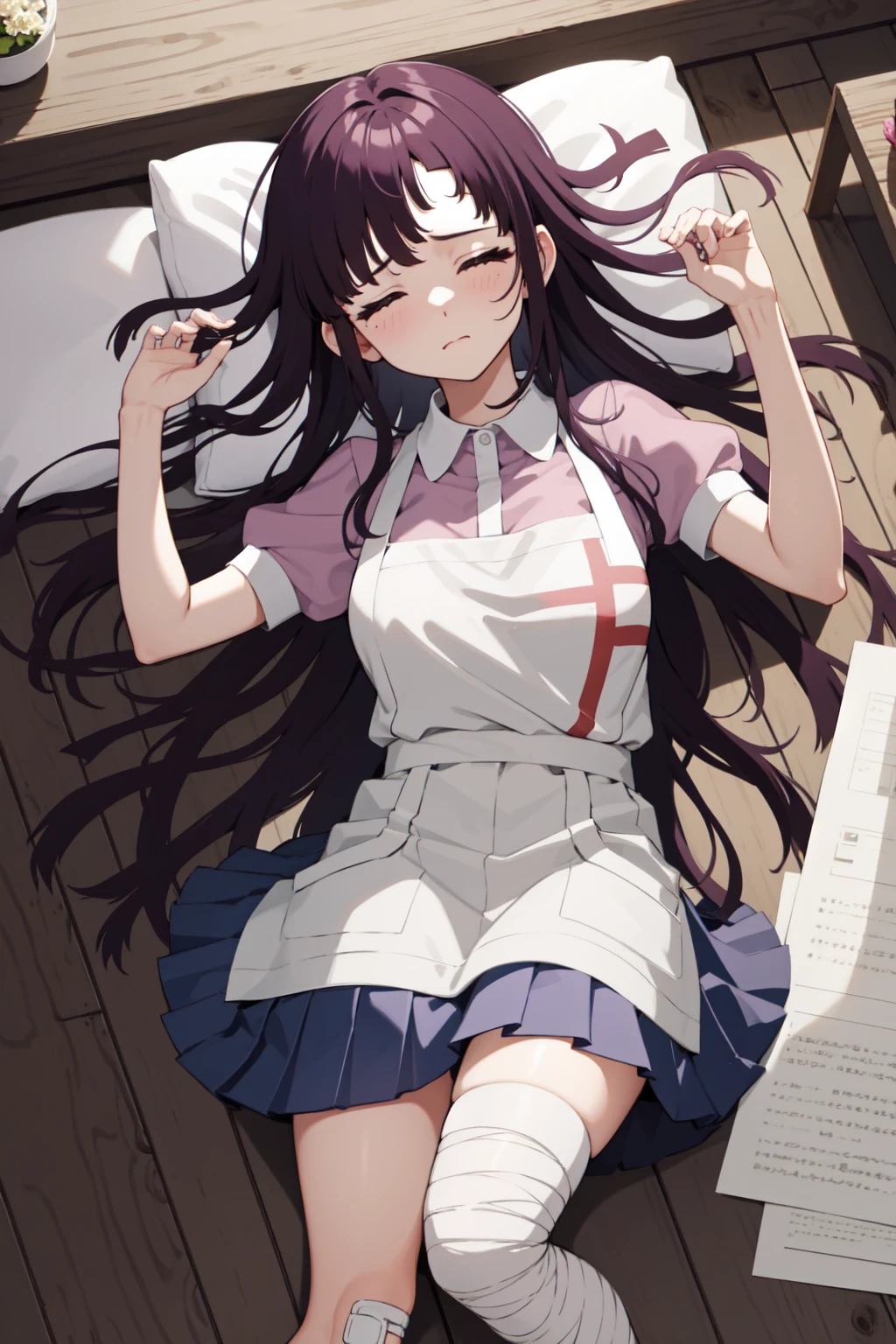 masterpiece, best quality, highres, large breasts, tmikan, purple hair, (brown eyes:1.2), long hair, messy hair, bandaged arm, bandaged leg, bandaid on knee, pink shirt, puffy short sleeves, white apron, pleated skirt, indoors, closed eyes, closed mouth, lying, on back, bed, arms up, masterpiece, highres, morning,