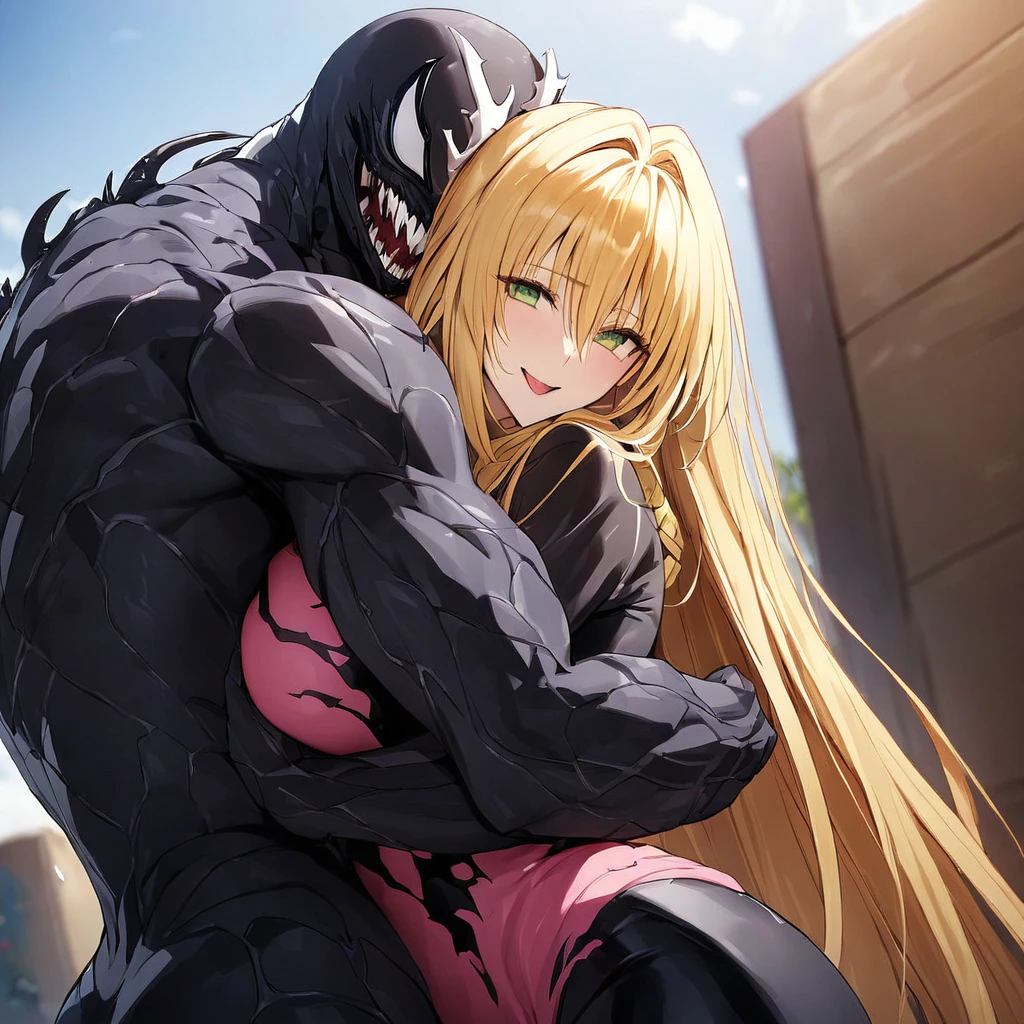 ((Highest quality)), ((masterpiece)), (detailed), (Perfect Face)、The woman is Tiare, a green-eyed, blonde, medium-long-haired female Venom, whose body has been completely transformed into Venom and who is wearing a Venom suit.、The woman is happily cuddling with the Venom man.、Venom man holding a woman、A woman and a man are a Venom couple