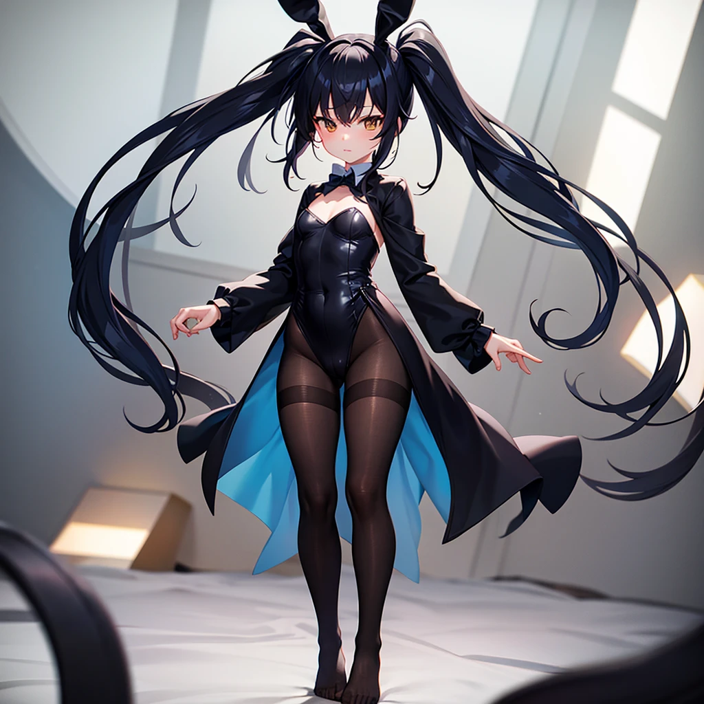 (Bunny girl),(tights),(barefoot),Naked,Cute little ,Tiny , girl,,Childish face, Very fine clean face,Top quality,Black Hair,(Dark Room), Subtle light, Natural light,Soft lighting,Light from directly behind, (Are standing),With bust up,Front view,Black background