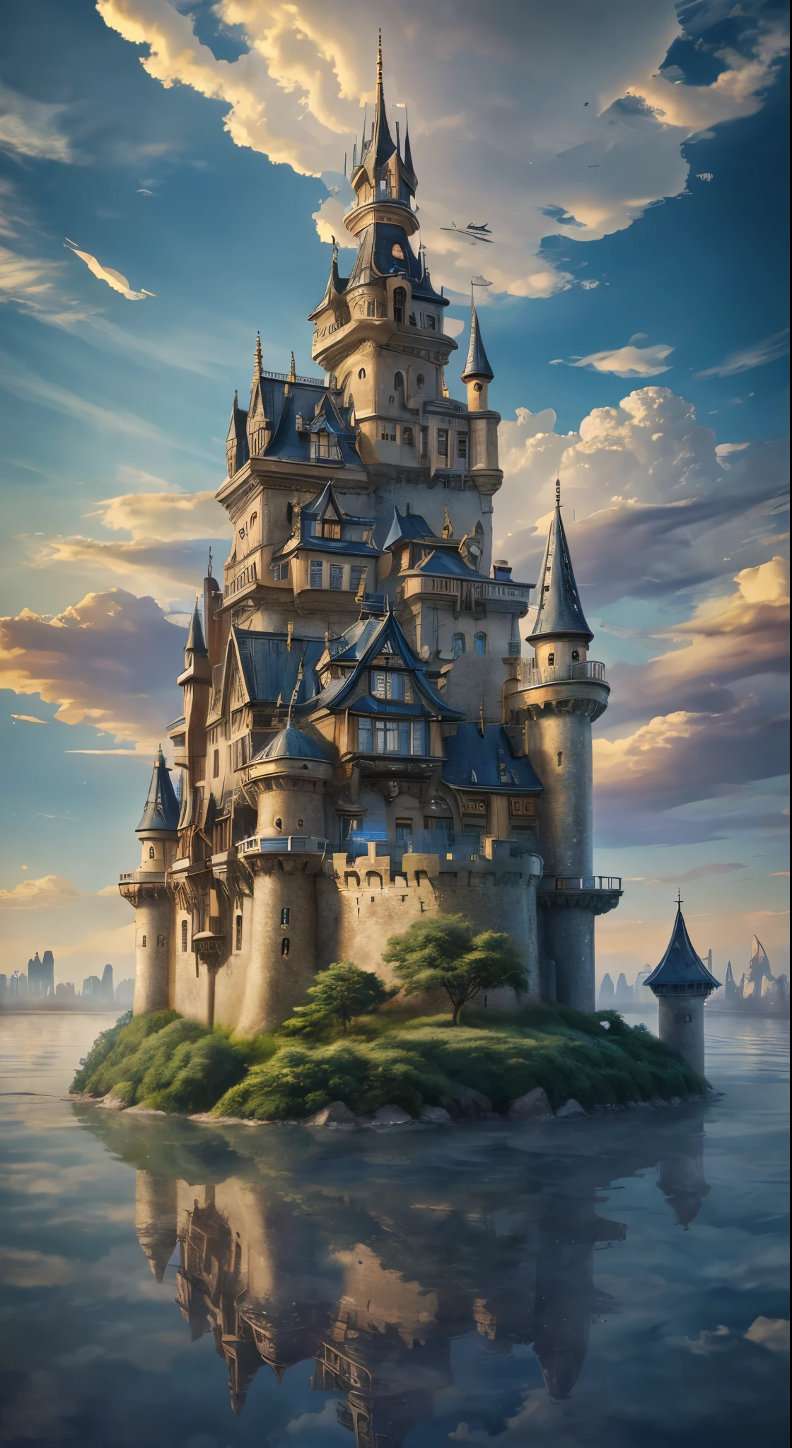 with high definition images，Ultra-detailed、High detail、high quality、8K、Miyazaki style、Steampunk style castle floating in the sky、Clouds and sky、Exudes mystery and technology 。Mirage City。