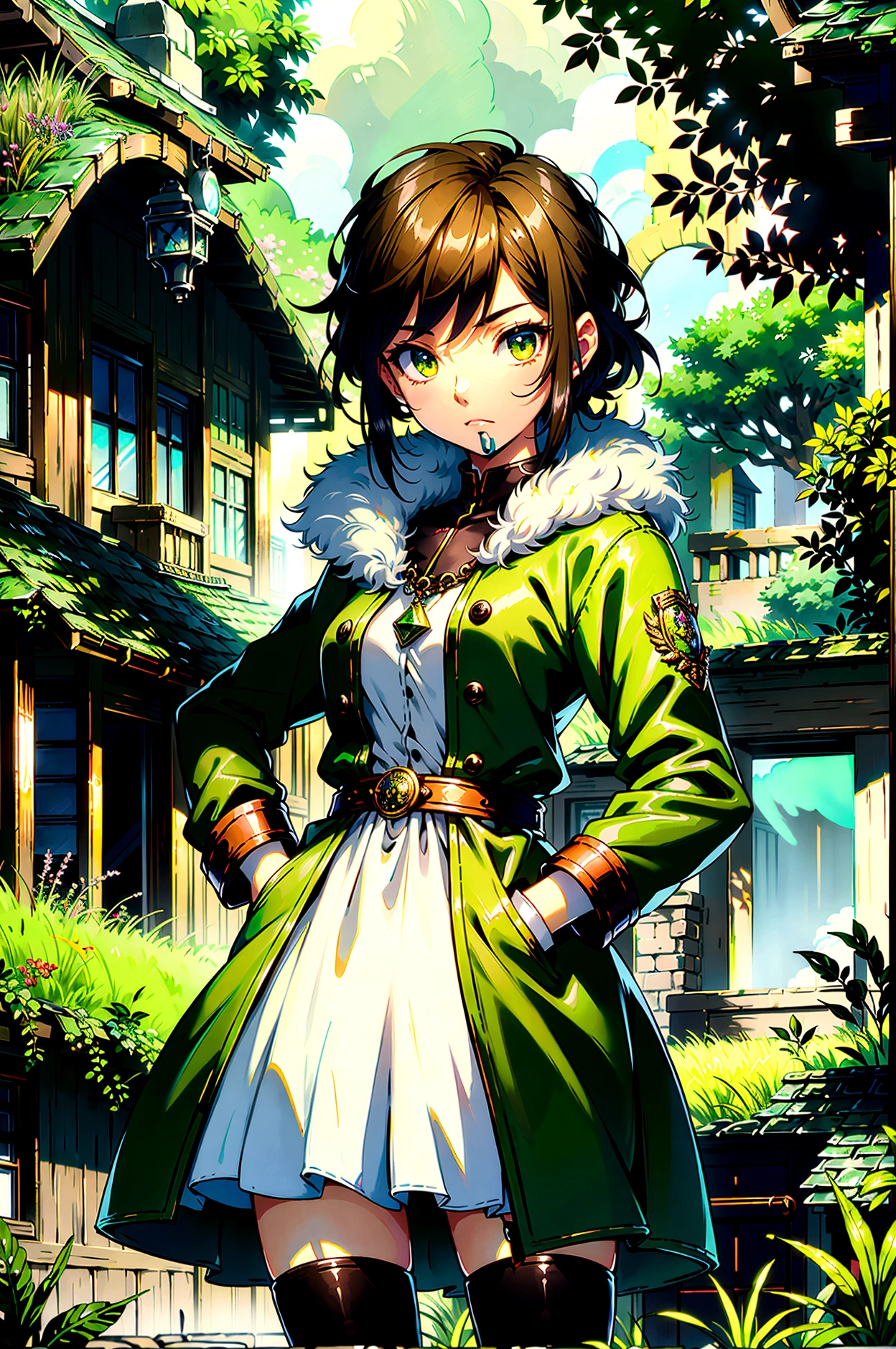 yuichiro hyakuya girl, (WithoutFear:1), 1 girl, black hair, green eyes, brown coat, gray armor, elves, sylvan, green cloak, dark brown gloves, forest, fur trim, anime, standing, good quality, portrait, looking at viewer