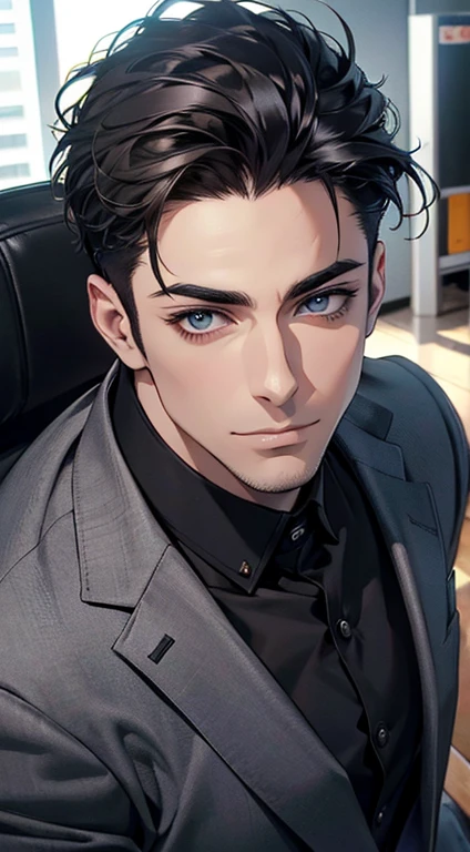 (best quality,4k,8k,highres,masterpiece:1.2),ultra-detailed,(realistic,photorealistic,photo-realistic:1.37),1 man,31 years old,mature man,very handsome,without expression,smile,short grey black hair,blue eyes,penetrating gaze,perfect face without errors,imposing posture,businessman,office background,cinematic lighting,hdr image