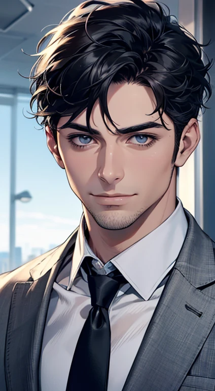 (best quality,4k,8k,highres,masterpiece:1.2),ultra-detailed,(realistic,photorealistic,photo-realistic:1.37),1 man,31 years old,mature man,very handsome,without expression,smile,short grey black hair,blue eyes,penetrating gaze,perfect face without errors,imposing posture,businessman,office background,cinematic lighting,hdr image