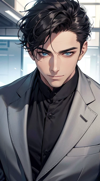 (best quality,4k,8k,highres,masterpiece:1.2),ultra-detailed,(realistic,photorealistic,photo-realistic:1.37),1 man,31 years old,mature man,very handsome,without expression,smile,short grey black hair,blue eyes,penetrating gaze,perfect face without errors,imposing posture,businessman,office background,cinematic lighting,hdr image