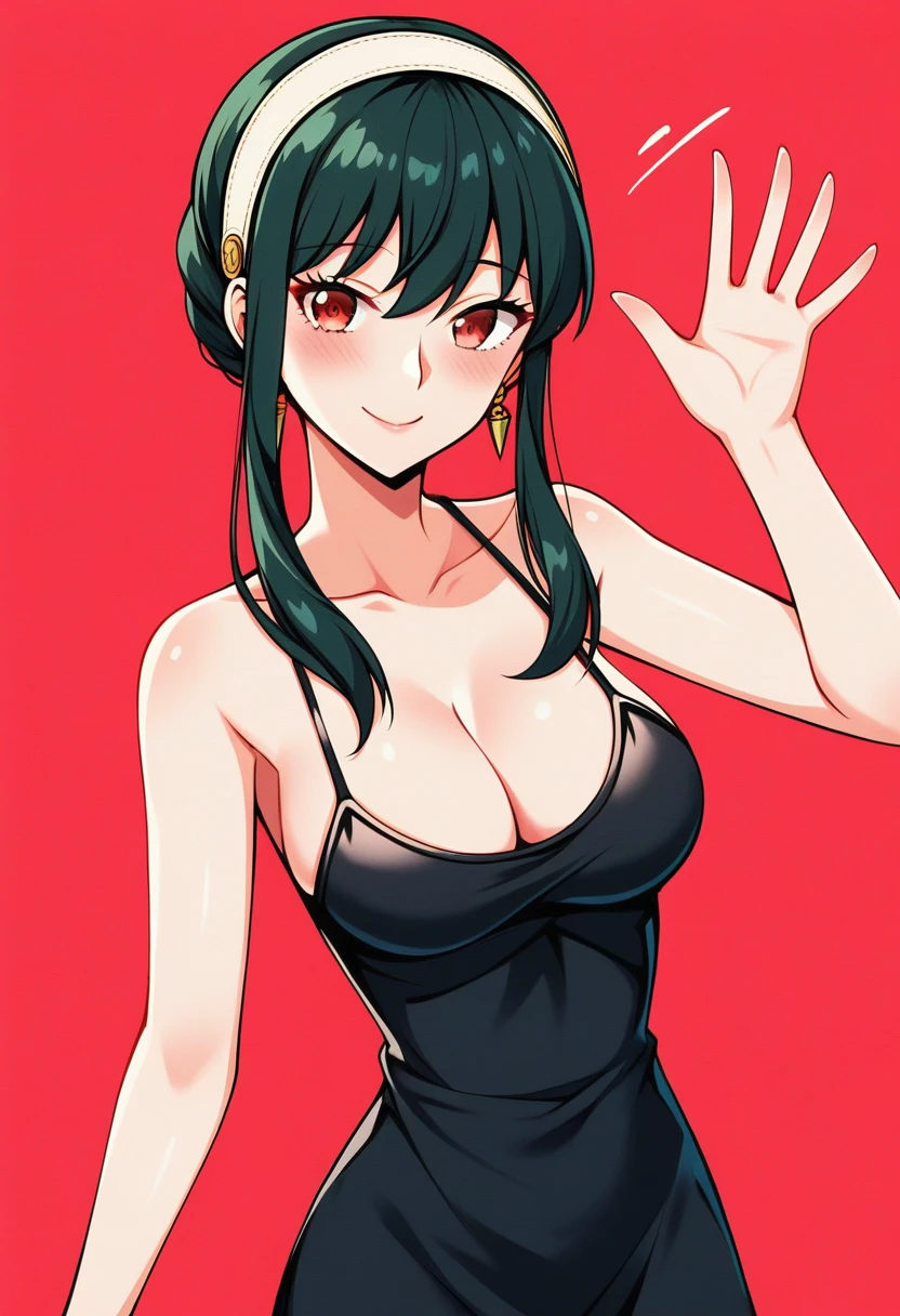 score_9, score_8_up, score_7_up, score_6_up, rating_safe, (Yor_Briar/Spy_x_Family), 1girl, solo, hot girl, sexy girl, black hair, red eyes, sexy expression, shy smile, closed eyes, medium , beautiful thighs, shiny skin, anime, (alternative clothing, summer dress, black dress, sleeveless, spaghetti straps, cleavage, collarless), standing, waving, front view, cowboy shot, source_anime, red background, plain background