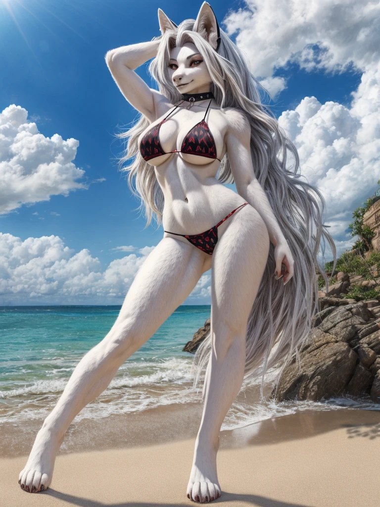 Vampire girl with gray skin naked in the beach showing the soles of her feet in front 