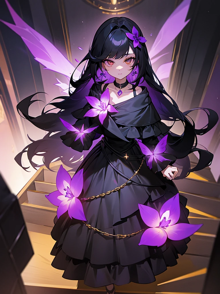 1 girl, Long black hair, amber eye, wearing black dress, night light, purple flower clip, double layer chokers, purple gem earrings, Hall, staircase