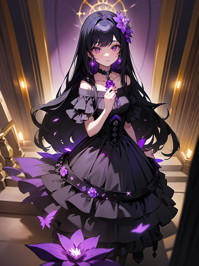 1 girl, Long black hair, amber eye, wearing black dress, night light, purple flower clip, double layer chokers, purple gem earrings, Hall, staircase