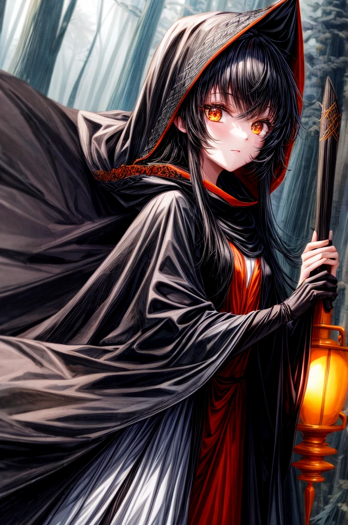 anthropomorphic, 1girl, orange eyes, racoon girl, black hair, long hair, black cloak, hood off, dark forest, moonrays,