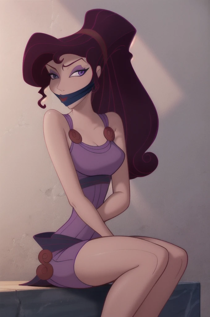 modelshoot style, megara, 1girl, long brunette hair, ponytail, purple eyes, eyeshadow, long greek purple dress, bare shoulders, arms bound to her sides with gray smoke, OTM gagged with gray smoke, sitting on her knees, leaning forward, eyes wide with fear, looking at viewer
